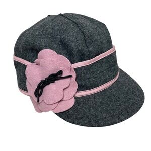 Stormy Kromer Gray Wool Winter Hat Newsboy Cap with Pink Flower Size 6 7/8 Small